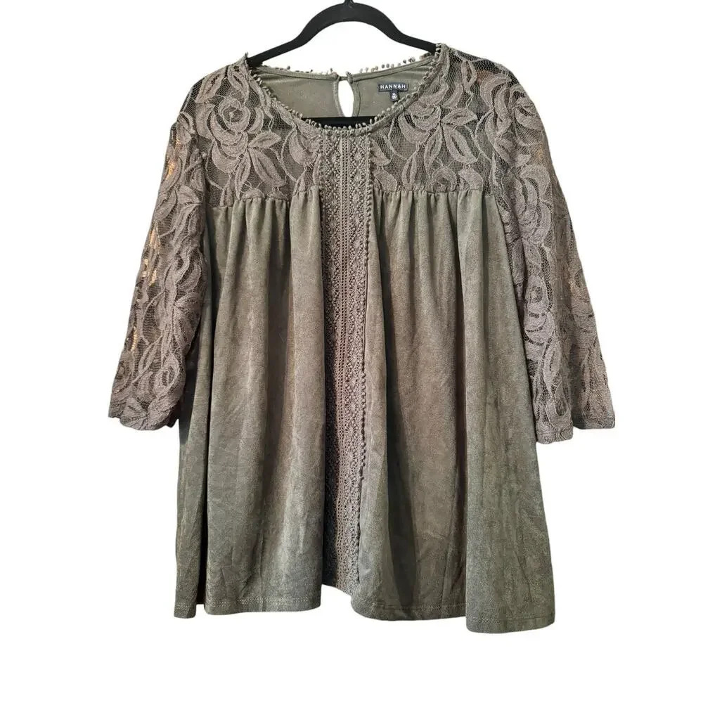 Hannah XL Velvet/Lace baby doll blouse Moss Green